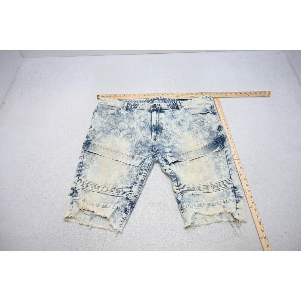 Smoke Rise Moto Denim Shorts Mens 46 Blue Acid Wash Distressed Raw Hem